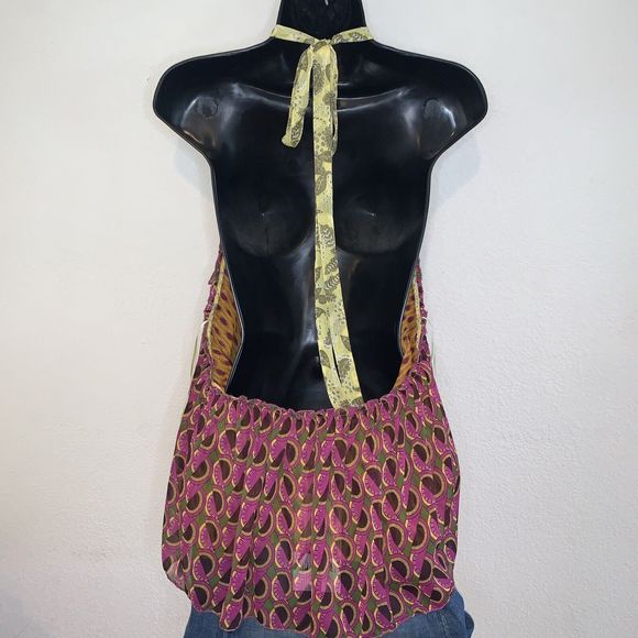 ZARA PRINTED HALTER TOP SIZE L Chiffon Hippie Peplum Layered low cut back Multi - Picture 9 of 12
